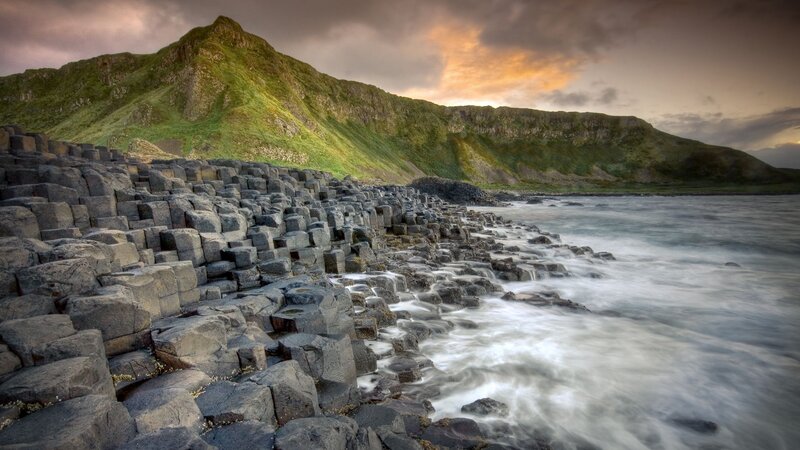 Basalt Columns at Coastline — Green, Dramatic