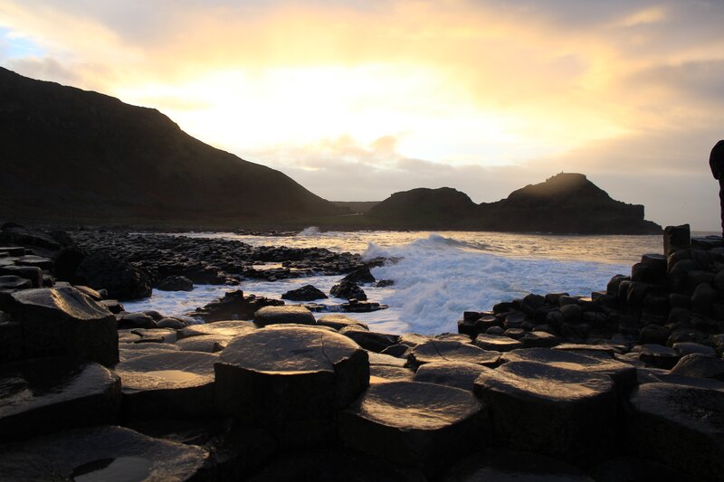 Basalt Columns at Coastline — Yellow, Dramatic