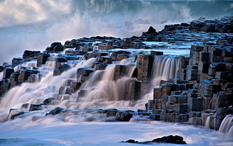 Basalt Columns at Sea — Blue, Dramatic, Photograph