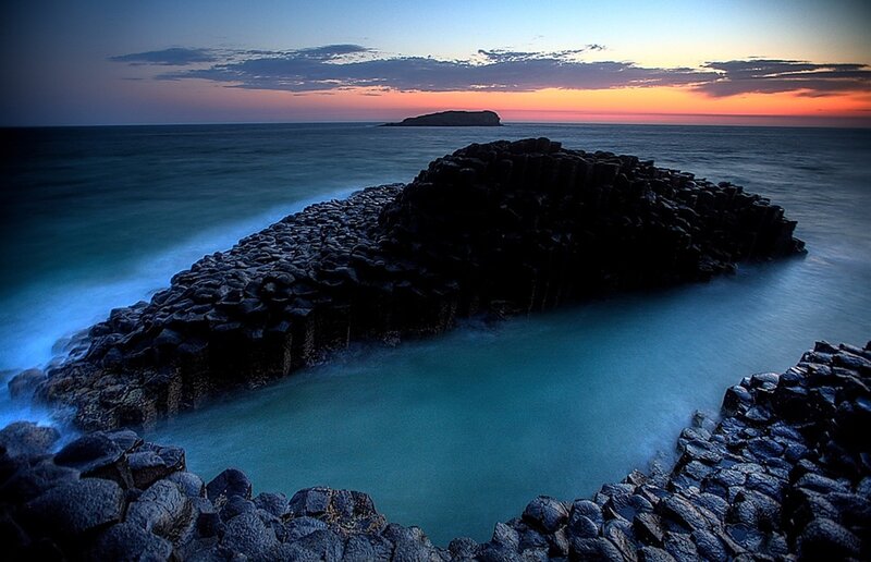 Basalt columns at sunset