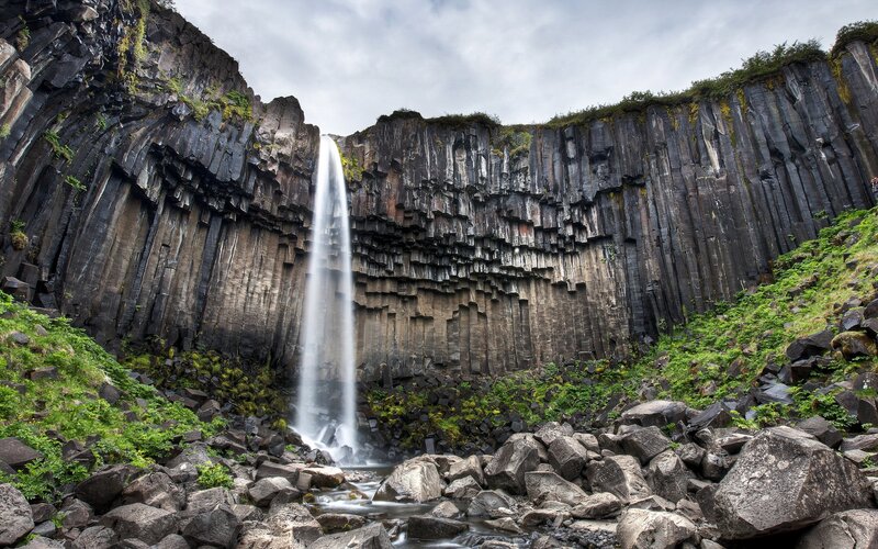Basalt columns with waterfall