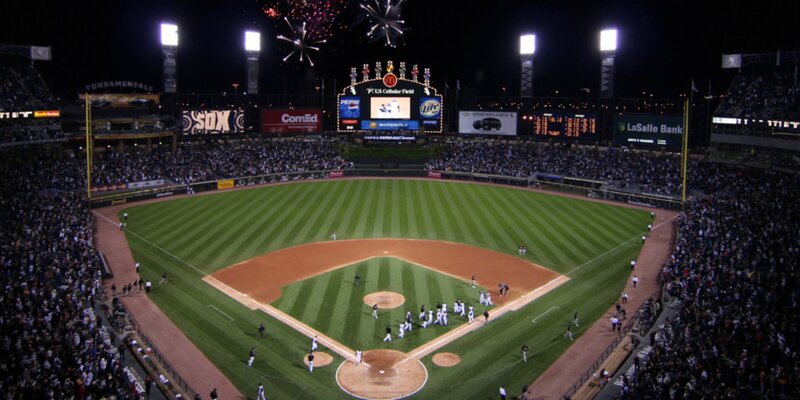 Baseball game at night with fireworks