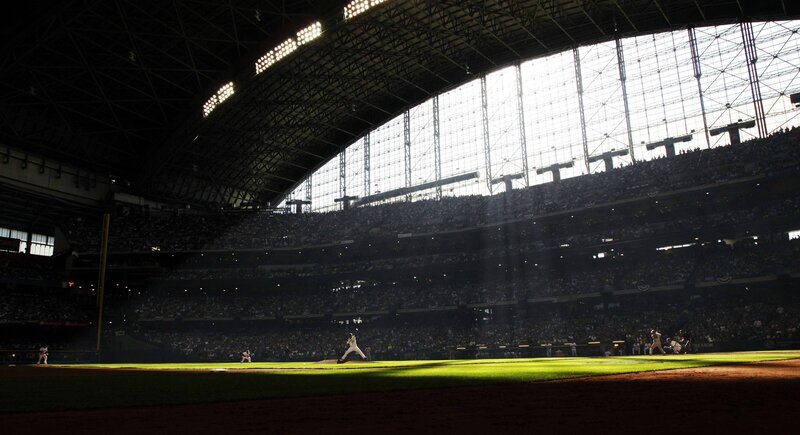 Baseball game in large stadium