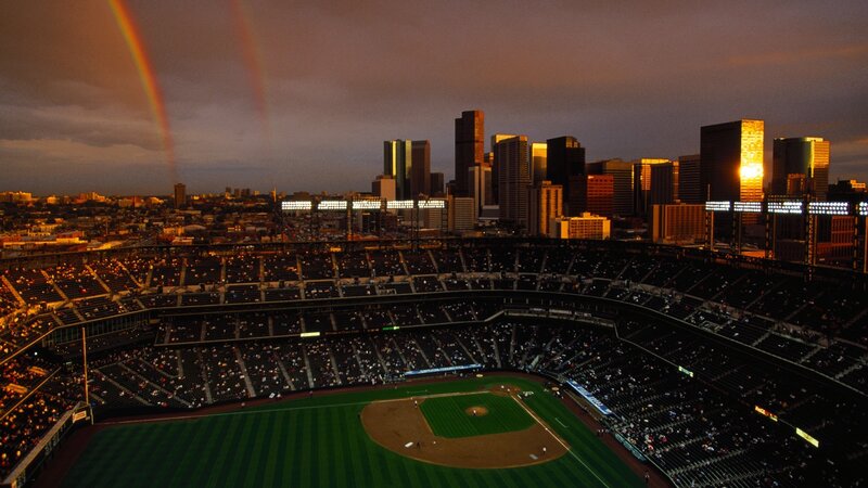 Baseball Stadium at Dusk — Green, Dramatic, Sunset, Photograph