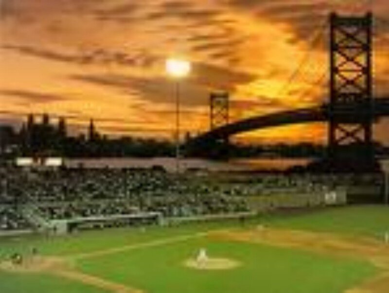 Baseball Stadium at Sunset — Orange, Dramatic, Photograph, Bridge, City Skyline