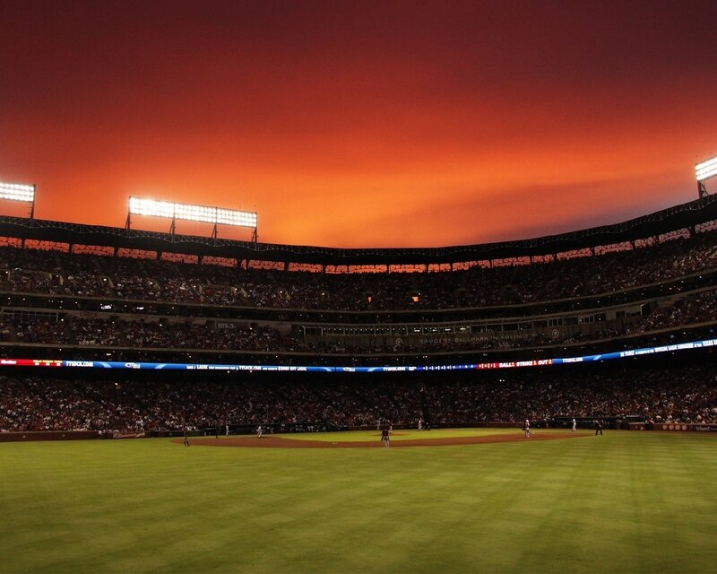Baseball Stadium at Sunset — Orange, Dramatic, Photograph, Crowd, Field, Sky
