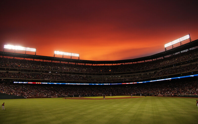 Baseball Stadium at Sunset — Red, Dramatic