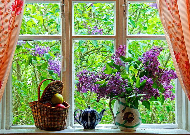 Basket and Flowers on Windowsill