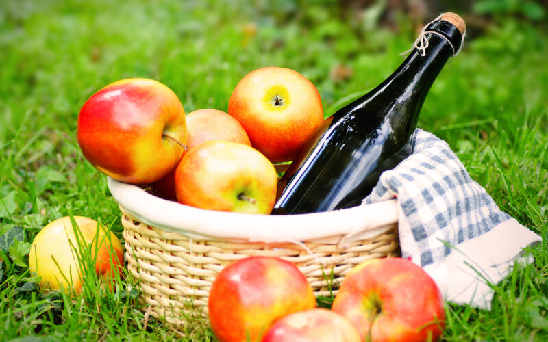 Basket of Apples and Bottle — Green