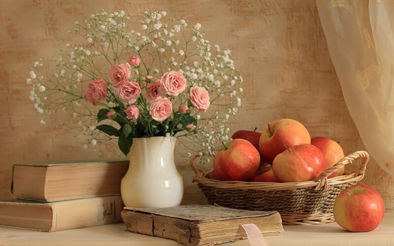 Basket of Apples and Flowers — Beige