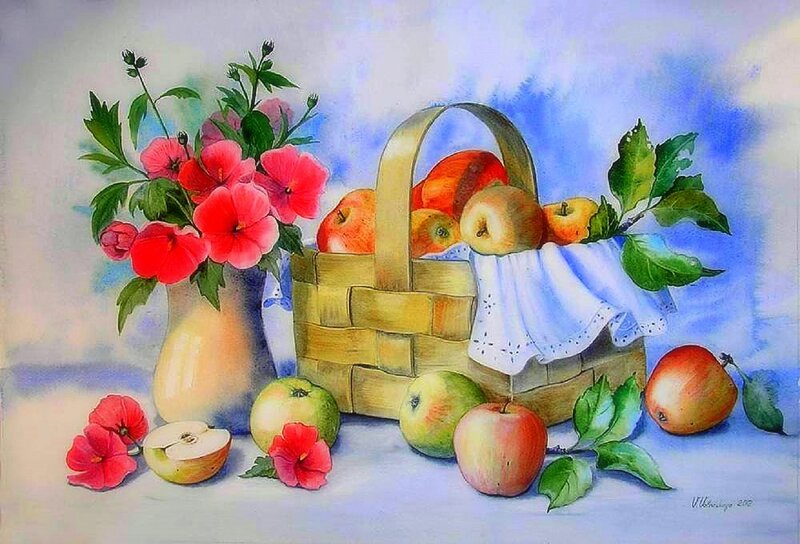 Basket of Apples and Flowers — Blue
