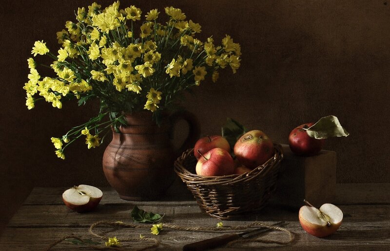 Basket of Apples and Flowers — Brown