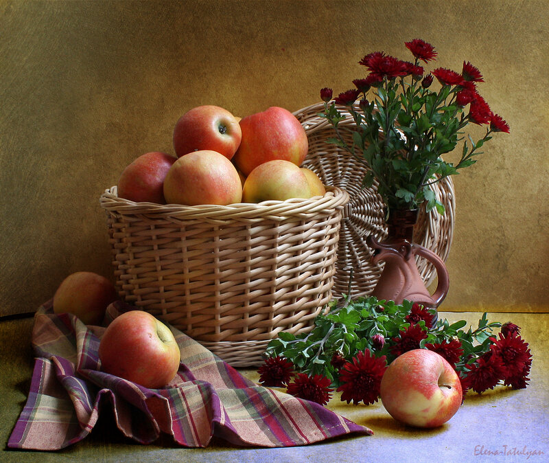 Basket of Apples and Flowers