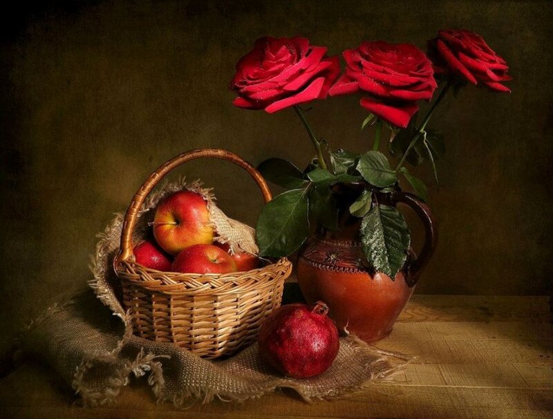 Basket of Apples and Roses — Red