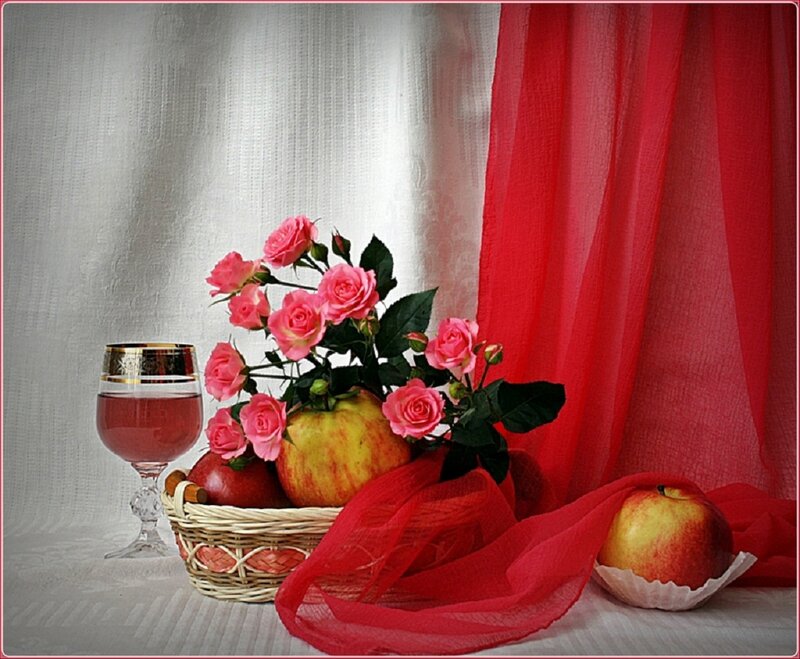 Basket of Apples and Roses