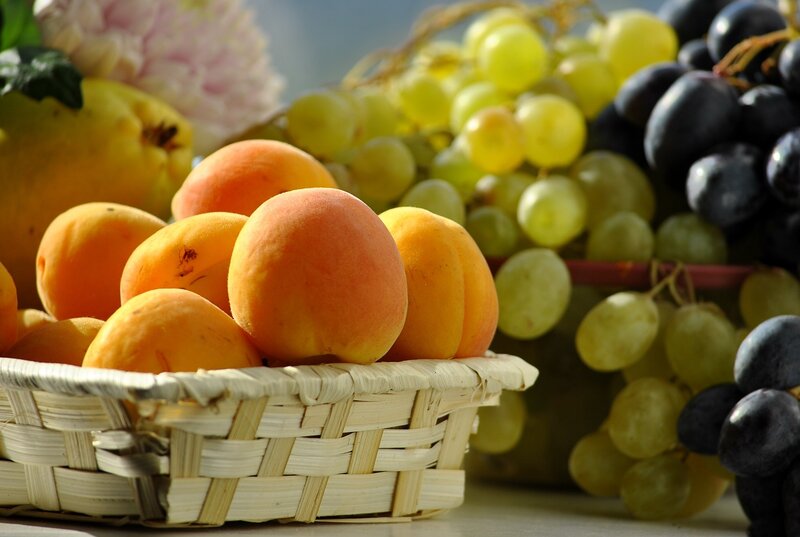 Basket of Apricots and Grapes