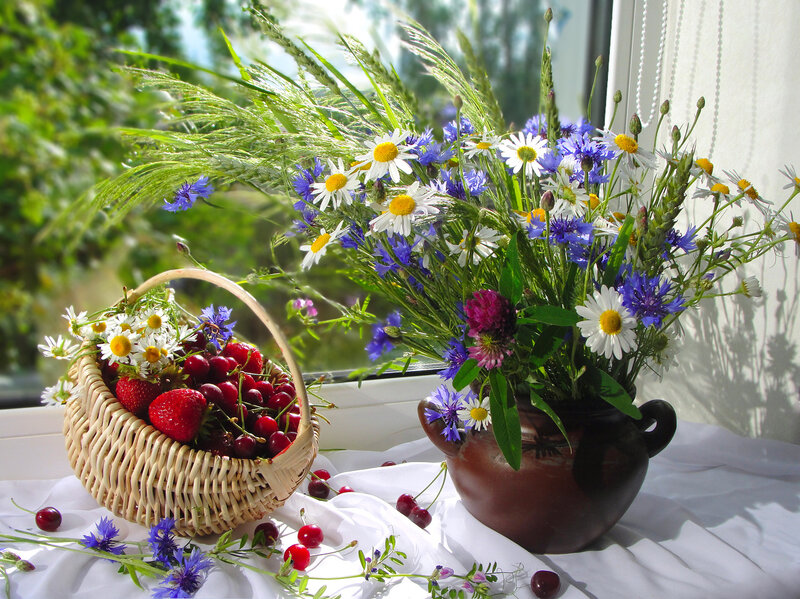 Basket of Berries and Flowers