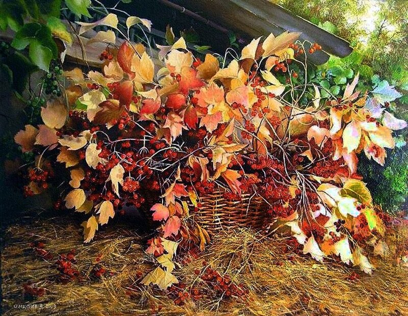 Basket of Berries and Leaves