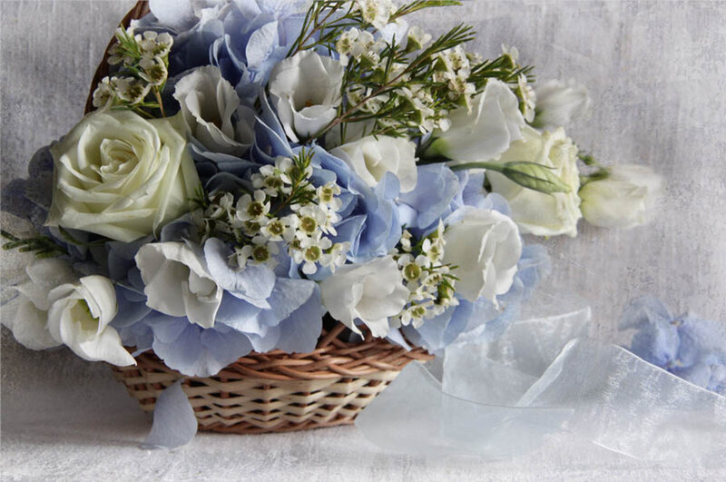 Basket of Blue and White Flowers