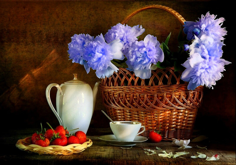 Basket of Blue Flowers — Brown