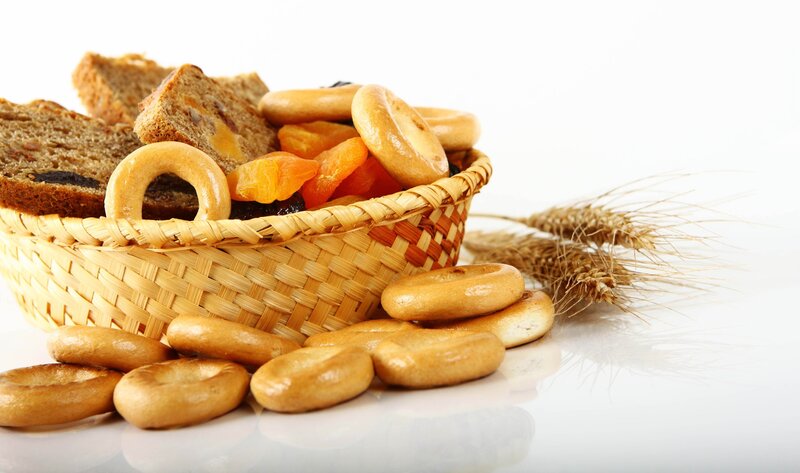 basket of bread and dried fruit