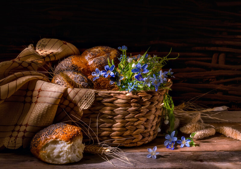 Basket of Bread and Flowers — Brown