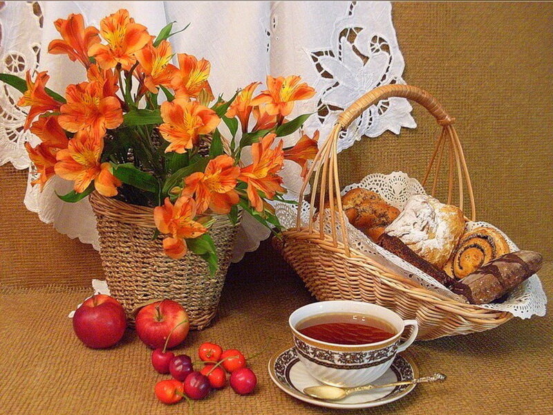 Basket of Bread and Flowers