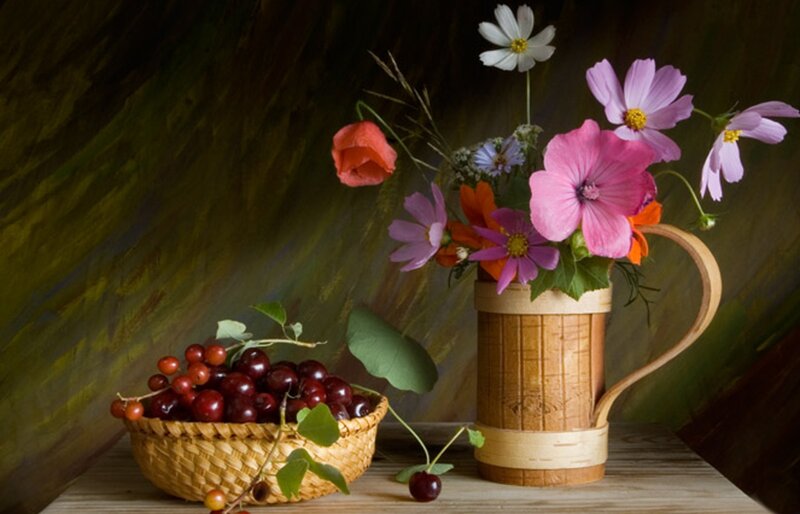 Basket of Cherries and Flowers
