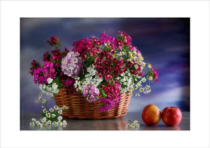 Basket of Flowers and Apples