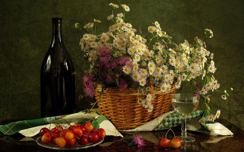 Basket of Flowers and Cherries
