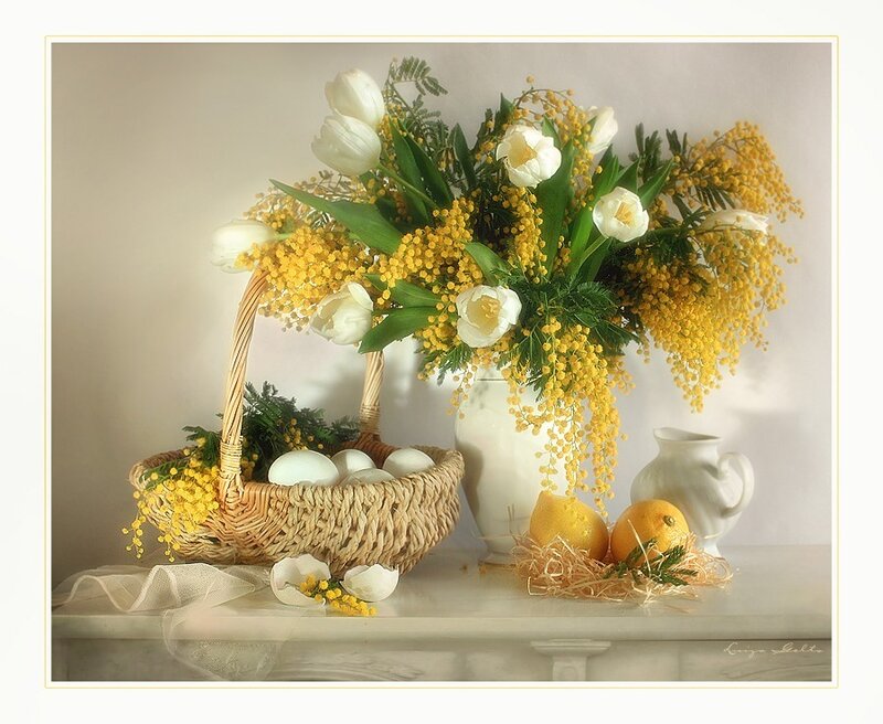 Basket of Flowers and Eggs
