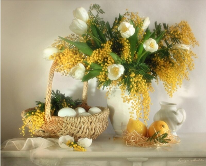 Basket of Flowers and Eggs — White