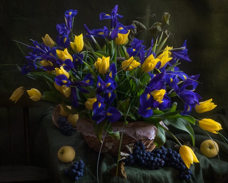Basket of Flowers and Fruit — Blue