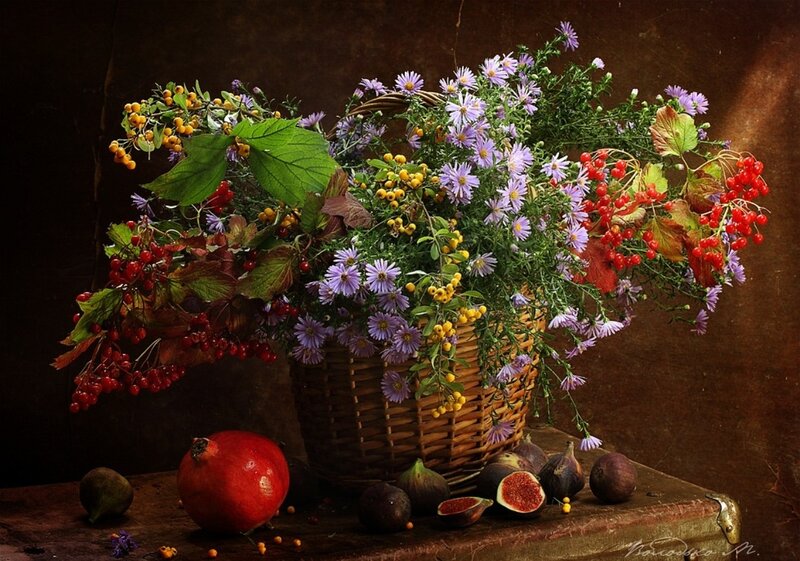 Basket of Flowers and Fruit — Brown, Dramatic