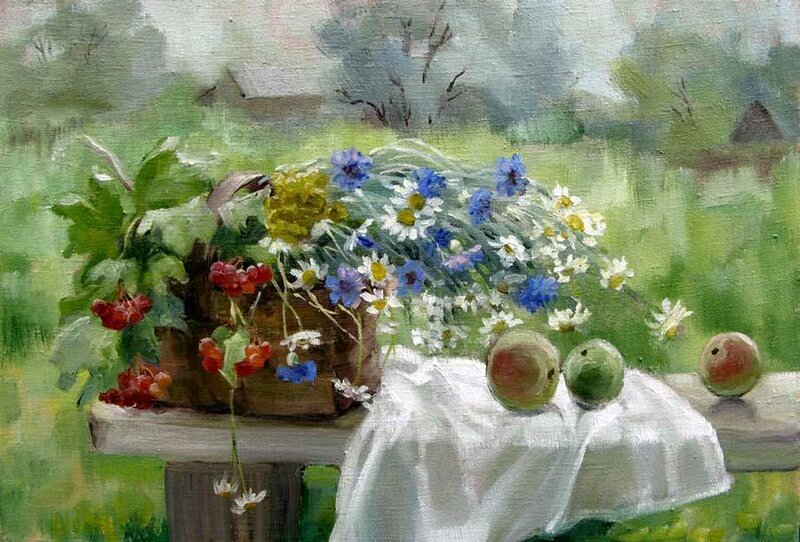 Basket of Flowers and Fruit — Green