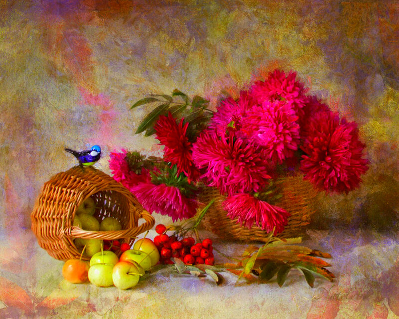 Basket of Flowers and Fruit — Red