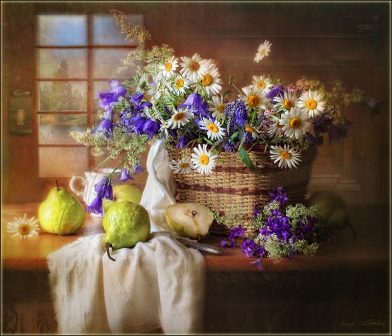 Basket of Flowers and Pears