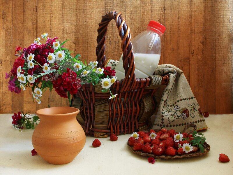 Basket of Flowers and Strawberries