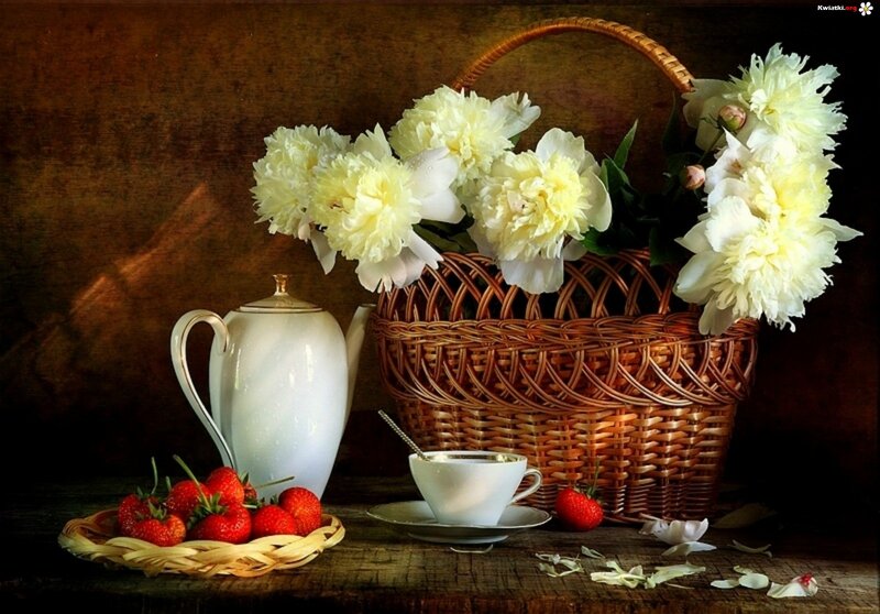 Basket of Flowers and Tea Set
