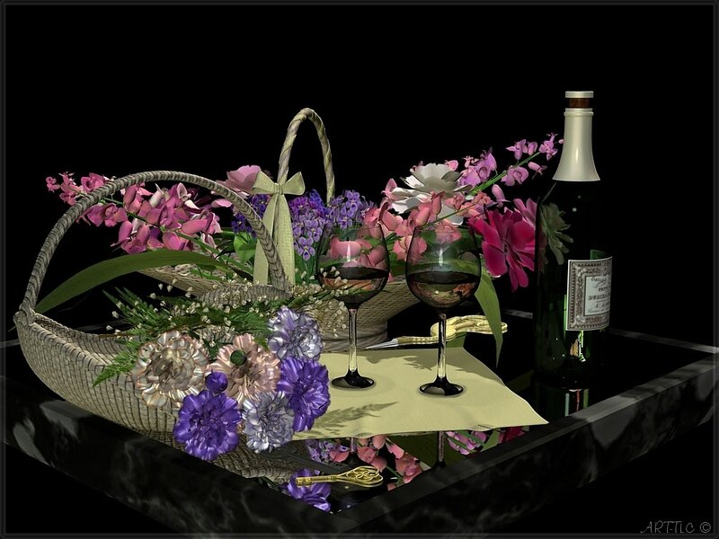 Basket of Flowers and Wine