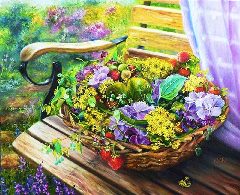 Basket of Flowers on Bench — Purple