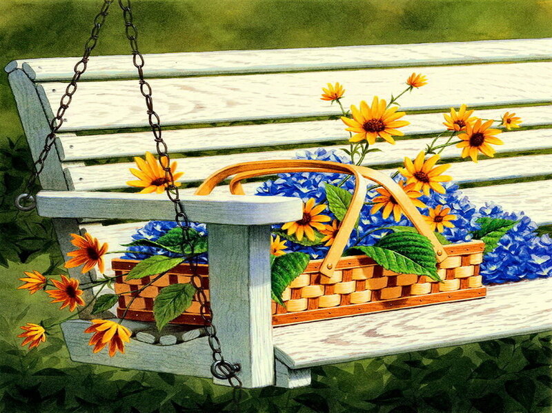 Basket of Flowers on Bench