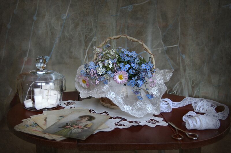 Basket of Flowers on Table — Blue