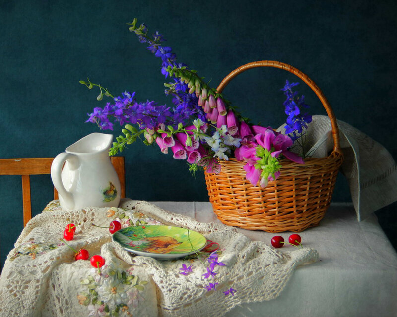 Basket of Flowers on Table — Purple