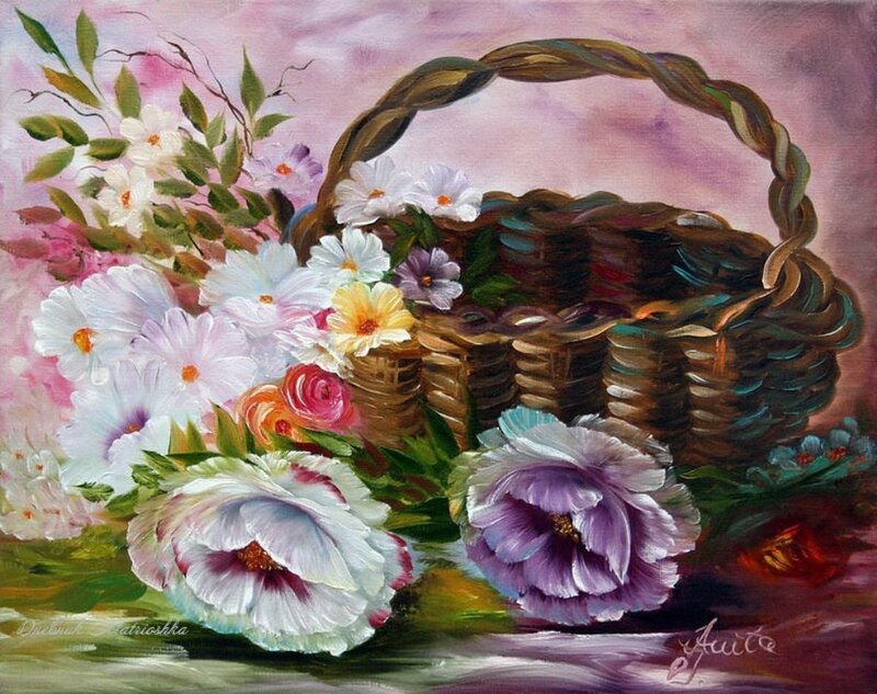 Basket of Flowers — Purple, Serene, Painting