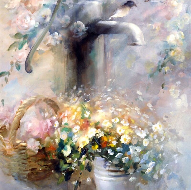 Basket of Flowers — White, Serene, Painting