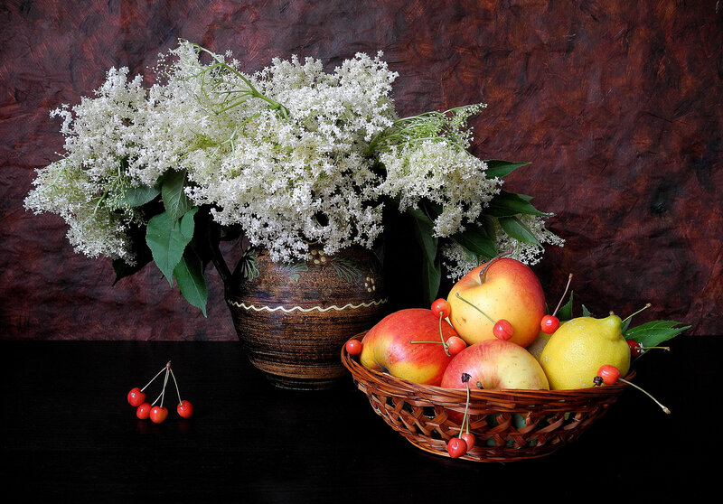 Basket of Fruit and Flowers — Brown