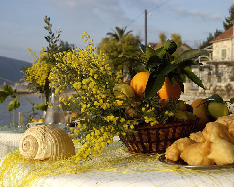 Basket of Fruit and Flowers — Yellow