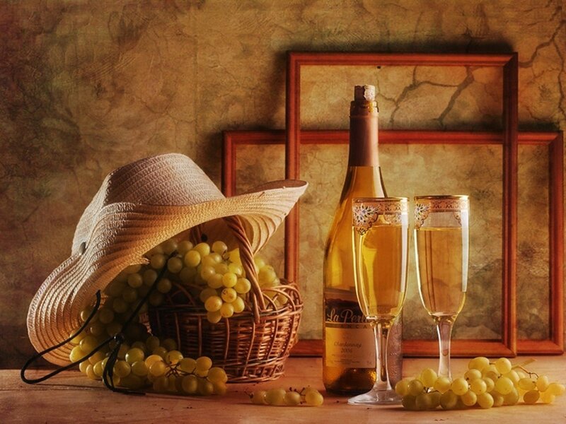 Basket of Grapes and Wine — Brown