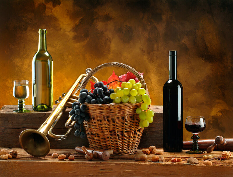Basket of Grapes and Wine